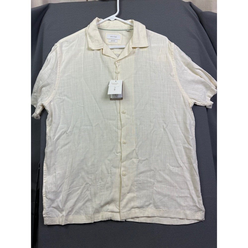 Porter & Ash Men's Linen Blend Short Sleeve Button Down Shirt Cream Off-White M